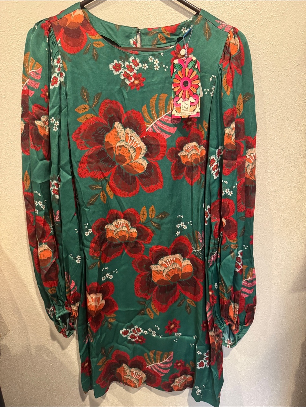 (RARE) FARM Rio Green Floral Midi Dress with Red & Orange Blooms